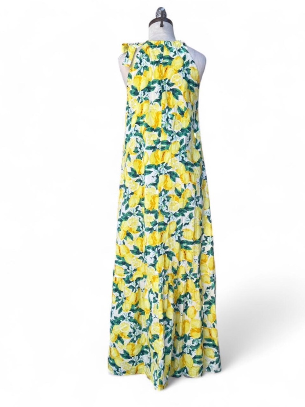 Fresh lemon print 100% cotton maxi halter dress bow accent Size Large
